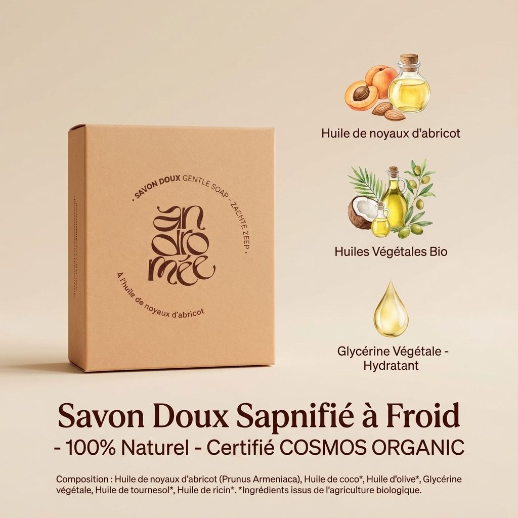Savon doux Andromée saponifié à froid 100g avec huile de noyaux d'abricot bio certifié COSMOS