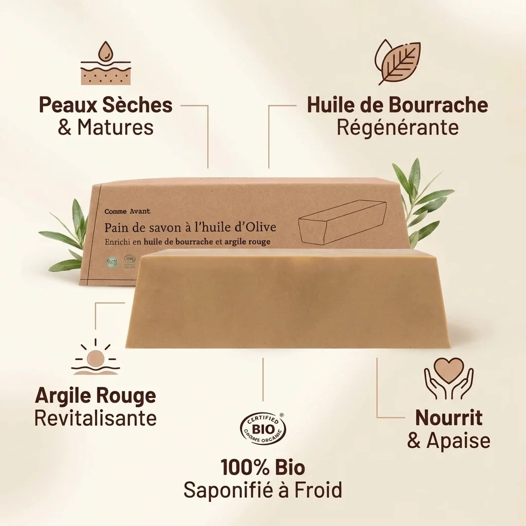 Savon Comme Avant bourrache et argile rouge 1kg avec emballage kraft et bénéfices