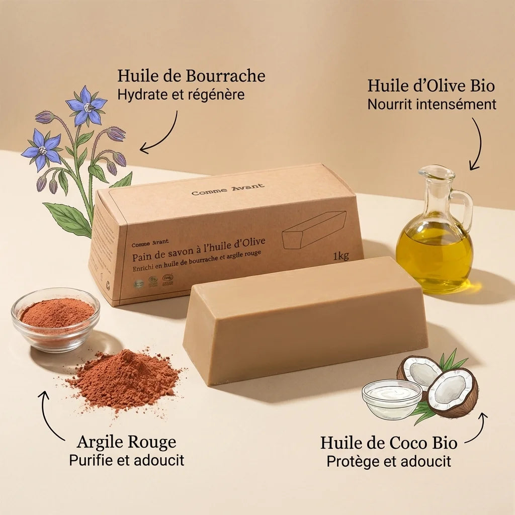 Savon Comme Avant 1kg bourrache et argile rouge avec ingrédients bio illustrés