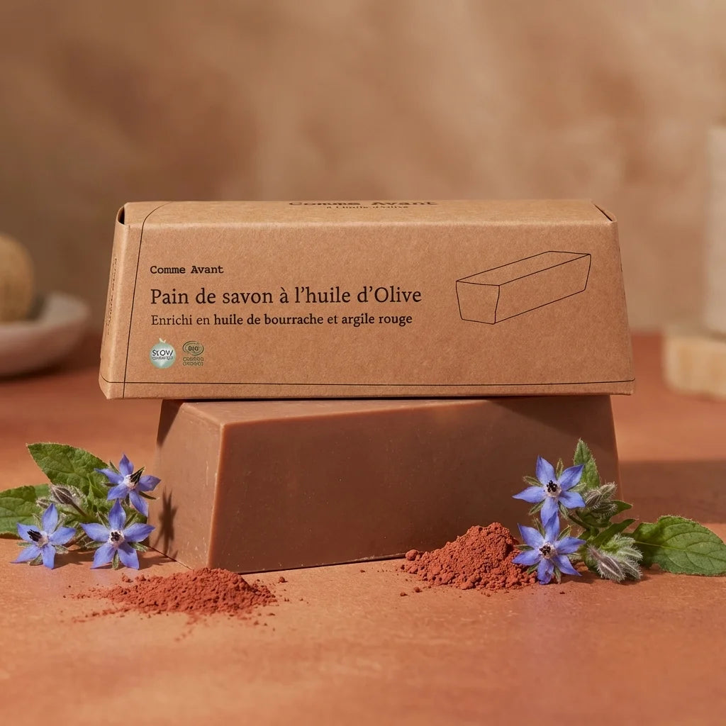 Savon Comme Avant 1kg à l'huile de bourrache et argile rouge sur fond terracotta