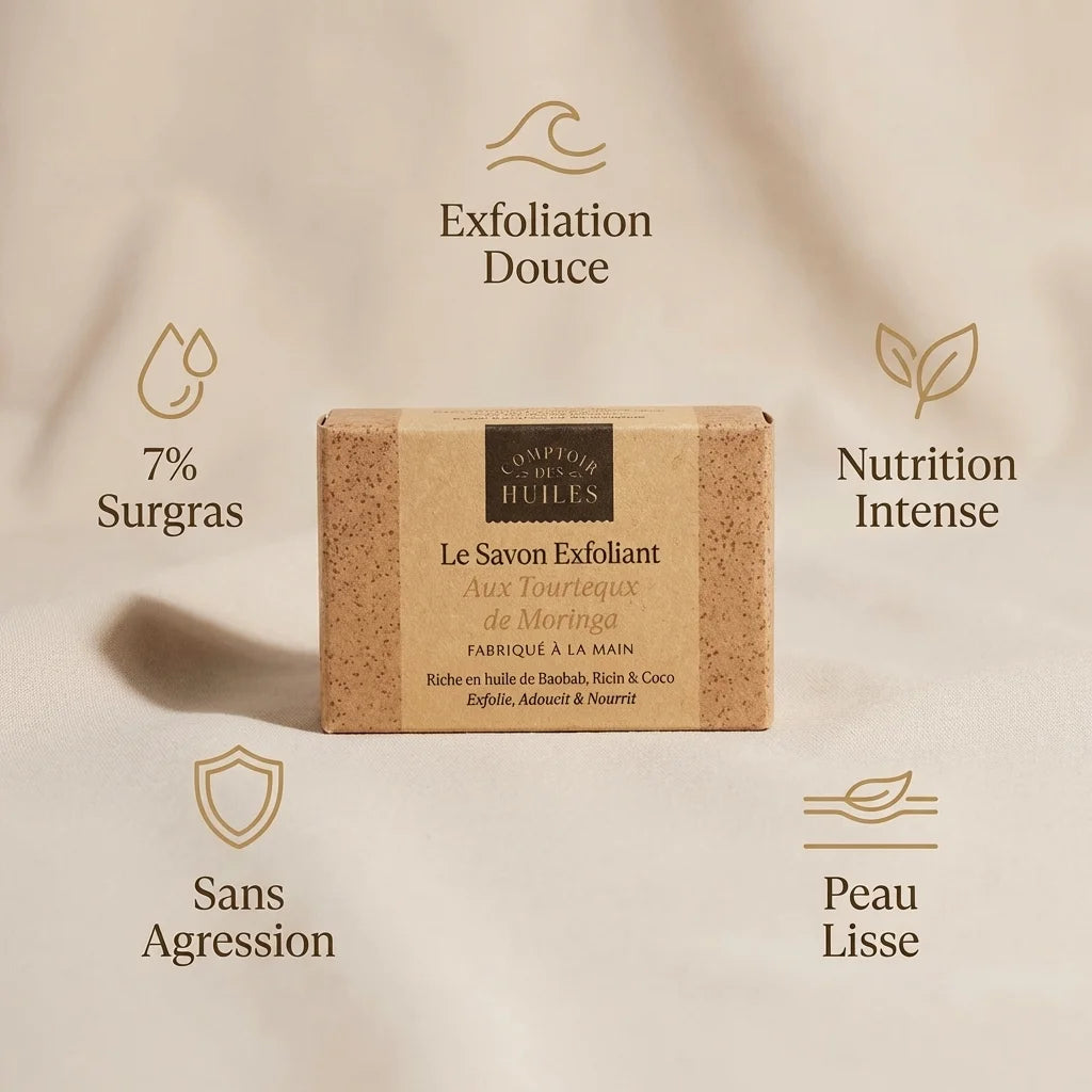 Savon exfoliant Moringa 100g Comptoir des Huiles avec ses bénéfices : exfoliation douce, nutrition intense, peau lisse