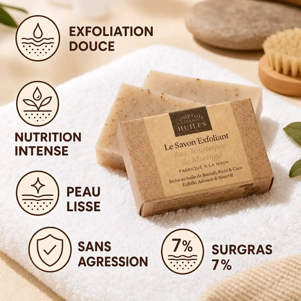 Savon exfoliant Moringa 100g Comptoir des Huiles - texture douce et peau lisse