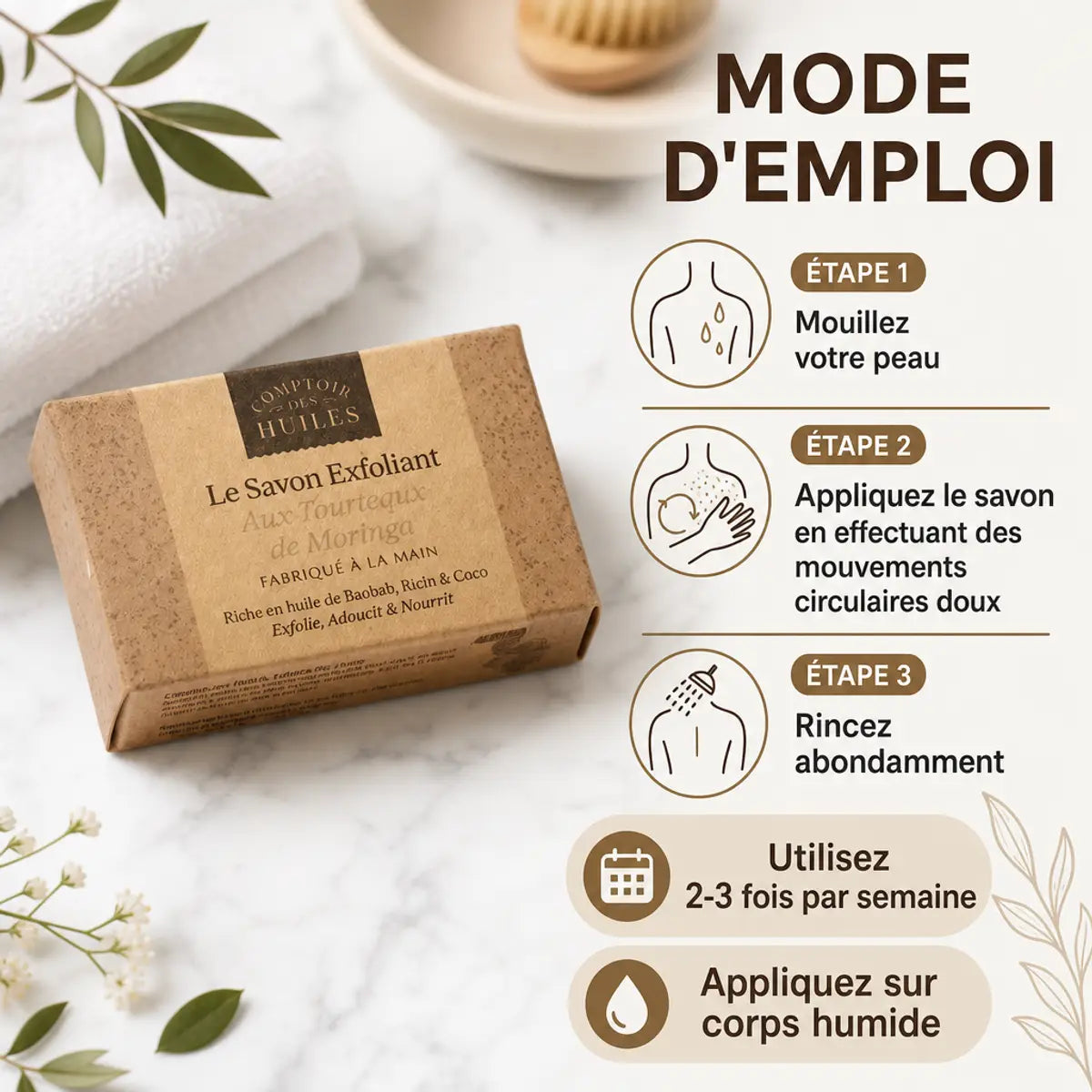 Savon exfoliant Moringa 100g - Comptoir des Huiles avec guide d'utilisation sur fond marbre blanc