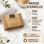 Savon exfoliant Moringa 100g - Comptoir des Huiles avec guide d'utilisation sur fond marbre blanc