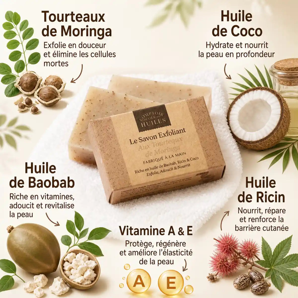 Savon exfoliant Moringa 100g avec huiles de coco, baobab et ricin - Comptoir des Huiles