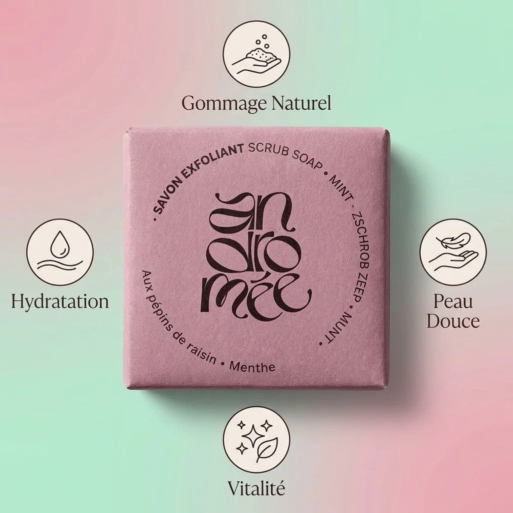 Savon exfoliant Andromée pépins de raisin menthe avec icônes bénéfices gommage peau douce hydratation