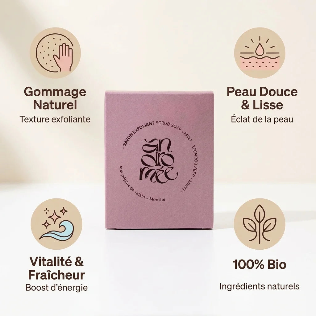Savon exfoliant Andromée pépins de raisin menthe 100g avec icônes bénéfices peau douce bio