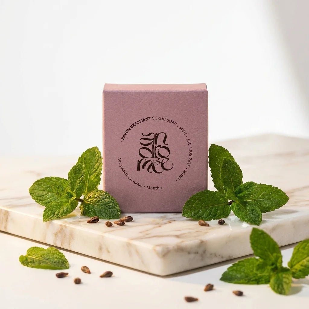 Savon exfoliant Andromée pépins de raisin menthe sur marbre avec feuilles de menthe fraîche