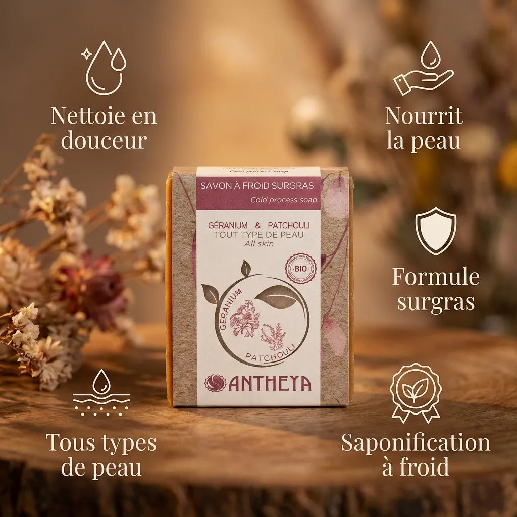 Savon géranium patchouli Antheya 100g avec emballage kraft et bénéfices : nettoie, nourrit, formule surgras, tous types de peau