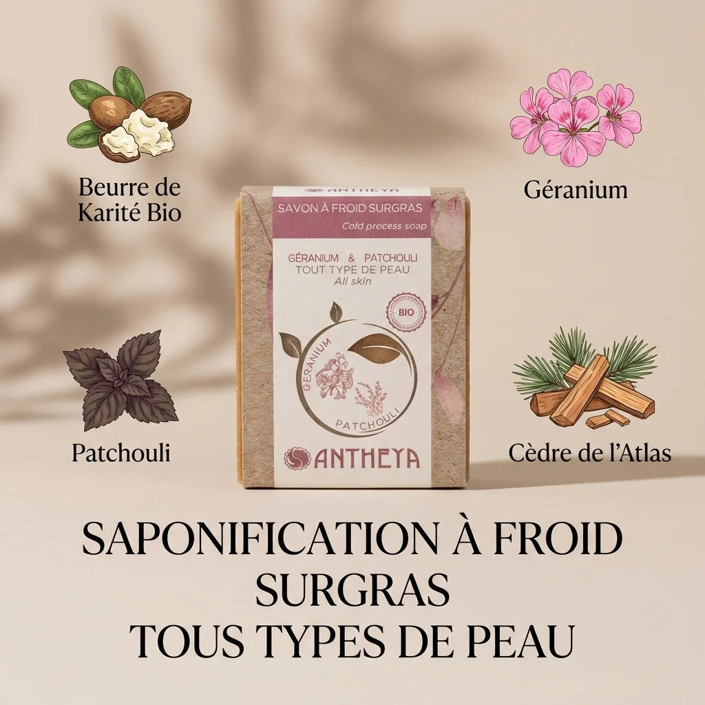 Savon géranium patchouli Antheya 100g avec ingrédients biologiques pour tous types de peau