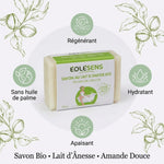 Savon bio lait d'ânesse amande douce Eolesens 100g avec infographies des bénéfices hydratants et régénérants
