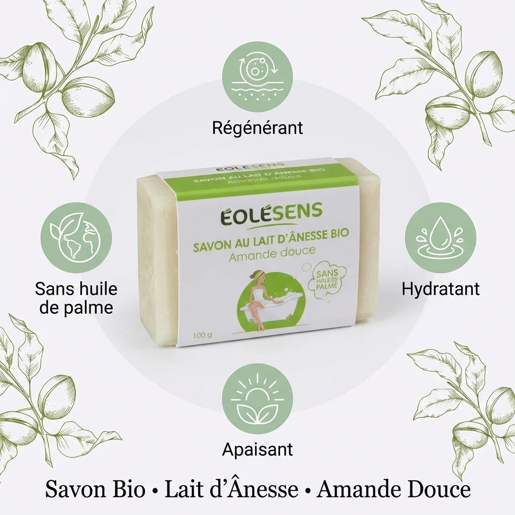 Savon bio lait d'ânesse amande douce Eolesens 100g avec infographies des bénéfices hydratants et régénérants