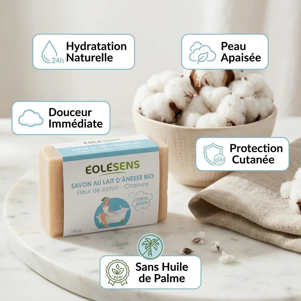 Savon lait d'ânesse bio Eolesens 100g avec fleurs de coton et ses bénéfices hydratants naturels
