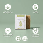 Savon lait de chèvre Antheya 100g peaux grasses avec icônes bénéfices et badges bio