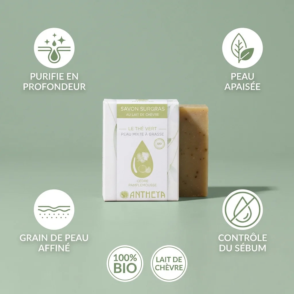 Savon lait de chèvre Antheya 100g peaux grasses avec icônes bénéfices et badges bio