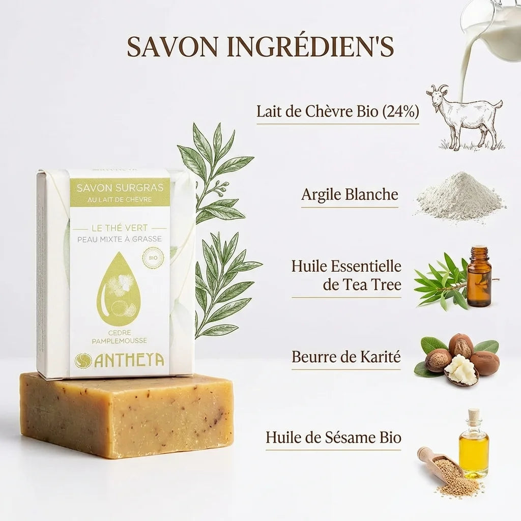 Savon surgras lait de chèvre Antheya 100g avec ingrédients bio pour peaux grasses