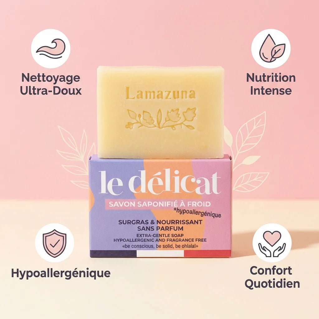 Savon Lamazuna Le Délicat hypoallergénique avec icônes bénéfices : nettoyage doux, nutrition, confort quotidien