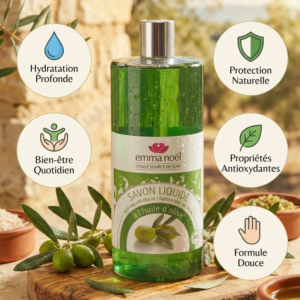 Savon liquide Huile d'Olive bio Emma Noël 1L avec ses 5 bénéfices naturels affichés
