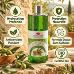 Savon liquide huile d'olive bio Emma Noël 1L avec ses bénéfices : hydratation, protection naturelle et formule sans sulfates