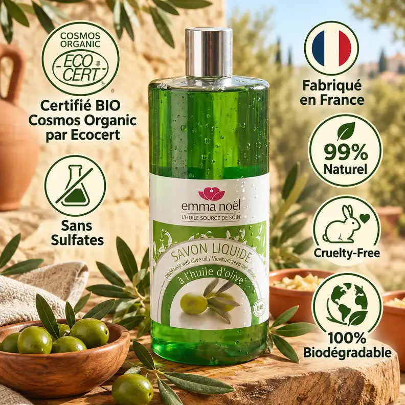 Savon liquide Huile d'Olive bio Emma Noël 1L certifié Cosmos, sans sulfates, fabriqué en France
