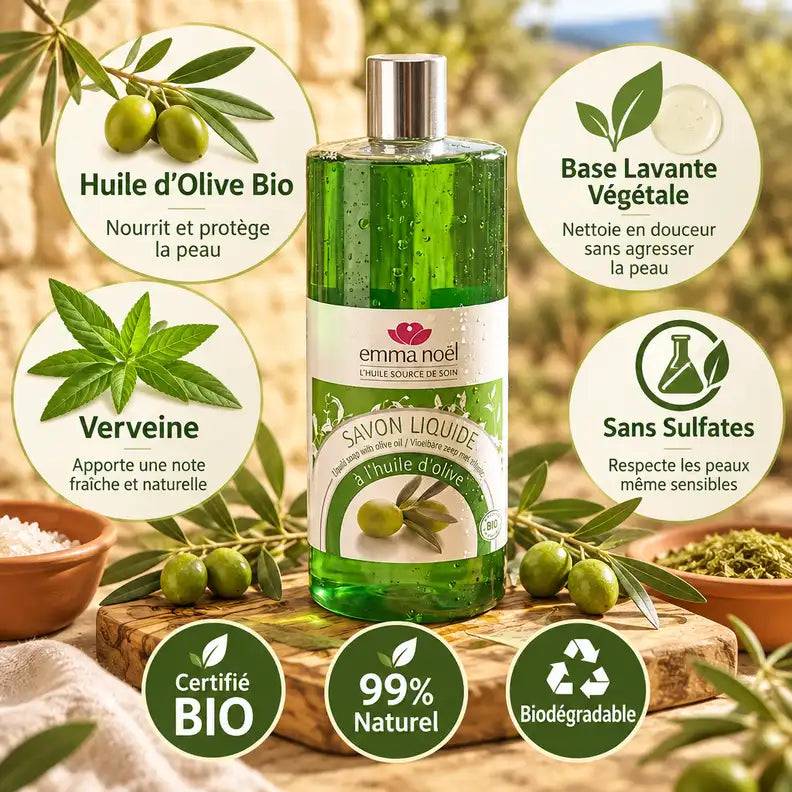 Savon liquide Huile d'Olive bio Emma Noël 1L avec branches olives, ingrédients naturels et certifications