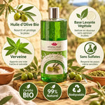 Savon liquide Huile d'Olive bio Emma Noël 1L avec branches olives, ingrédients naturels et certifications
