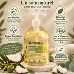 Savon liquide neutre Centifolia 500ml à l'huile d'olive et coco avec infographie des 5 bénéfices