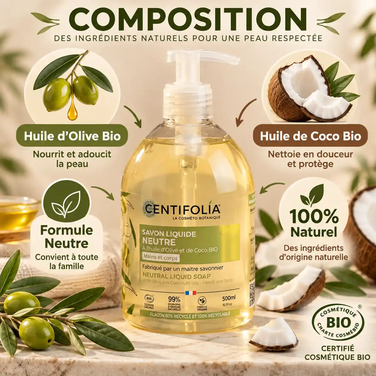 Savon liquide Centifolia 500ml avec huile d'olive et coco bio - composition naturelle neutre