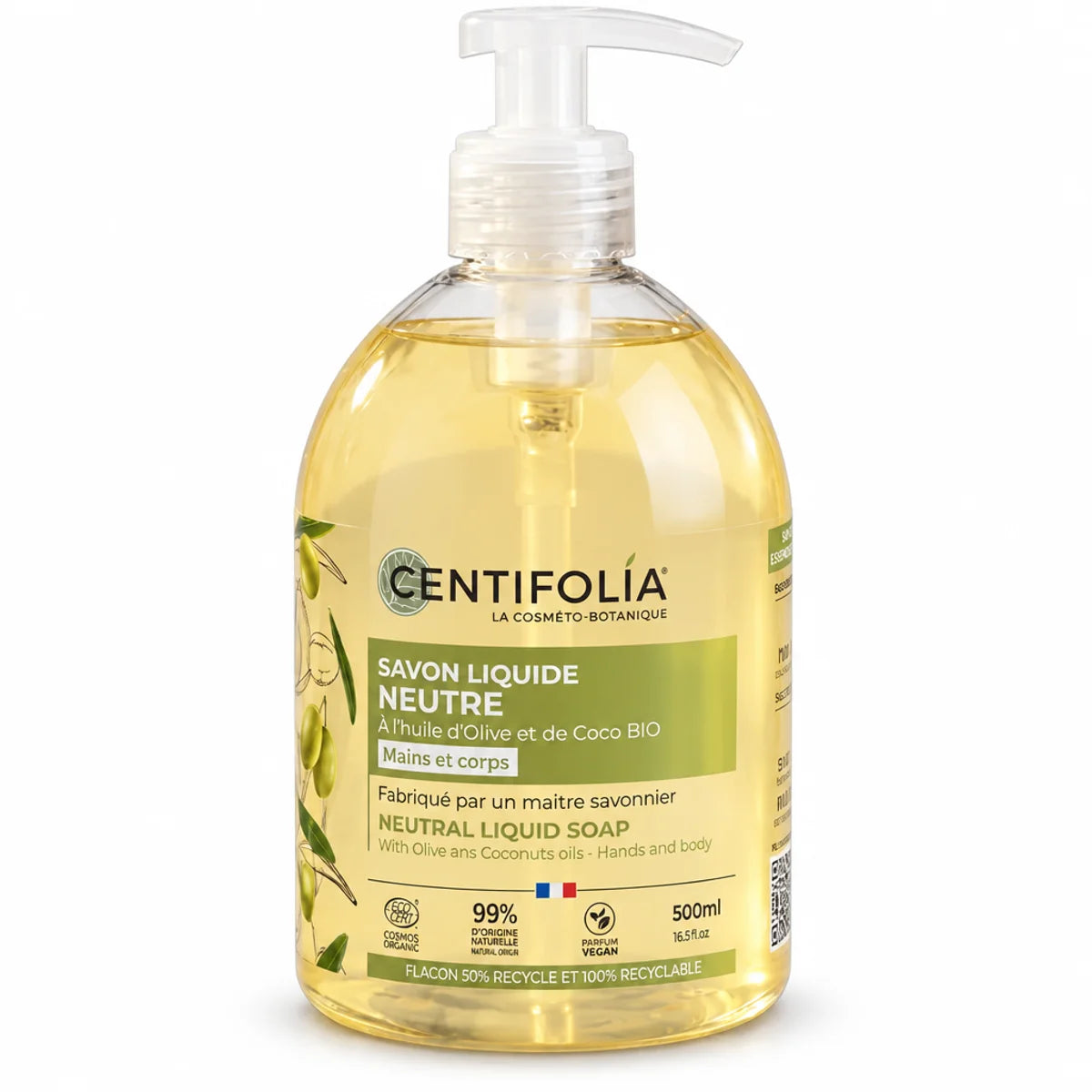 Savon liquide neutre Centifolia 500ml à l'huile d'olive et coco avec pompe doseuse