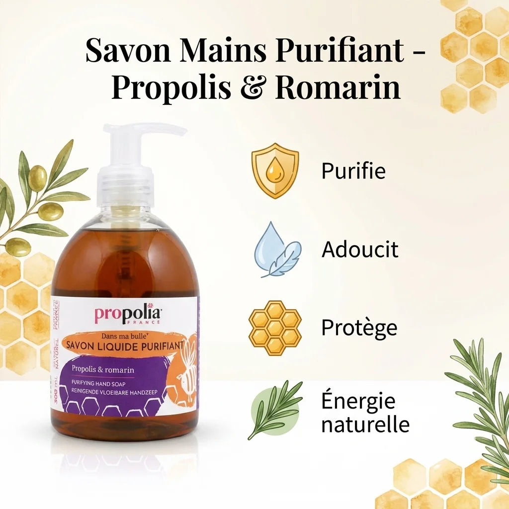 Savon mains purifiant Propolis et Romarin Propolia 300ml en flacon verre ambré