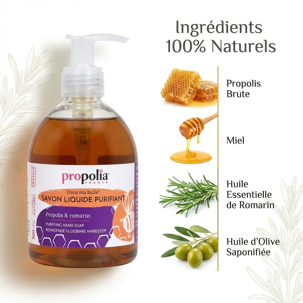 Savon mains Propolis Romarin 300ml Propolia avec ingrédients naturels: propolis, miel, romarin, huile olive
