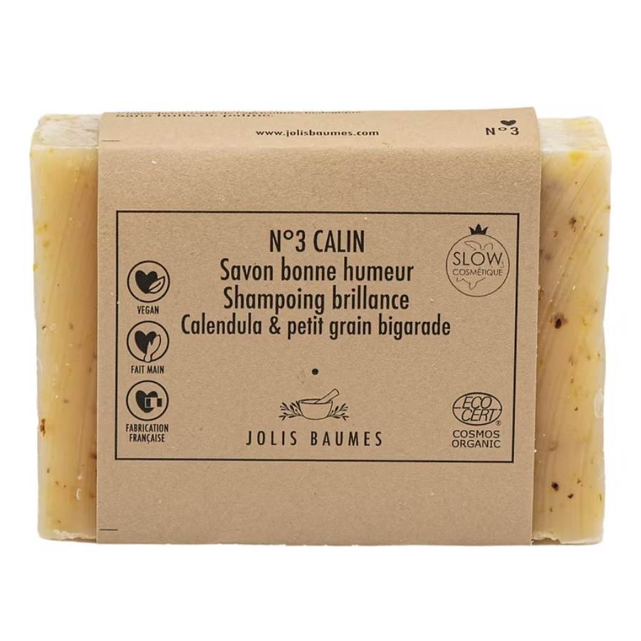 Savon bonne humeur, shampoing brillance, calendula & petit grain bigarade de la marque Jolis Baumes