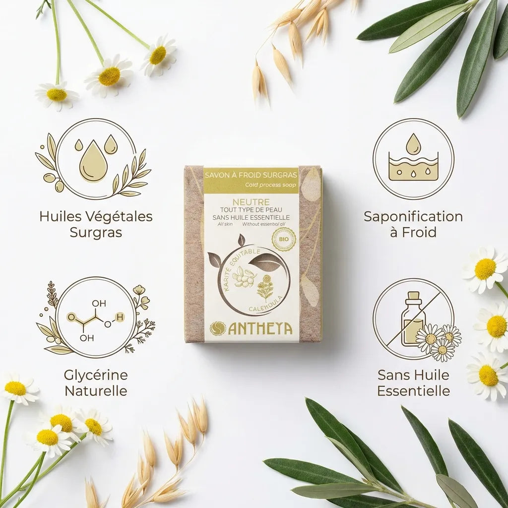 Savon neutre Antheya 100g avec ingrédients naturels pour peaux fragiles