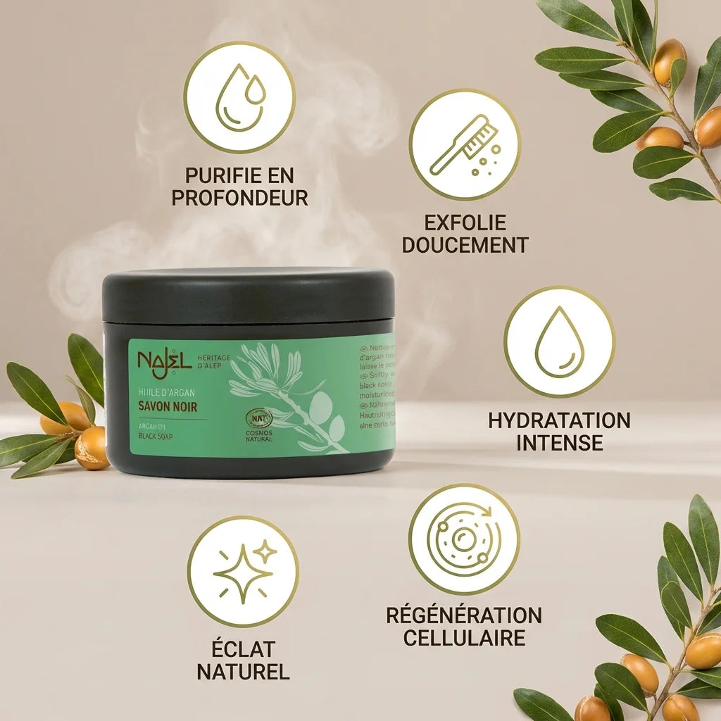 Savon Noir Najel à l'Huile d'Argan Bio 180g avec infographie des 5 bénéfices wellness