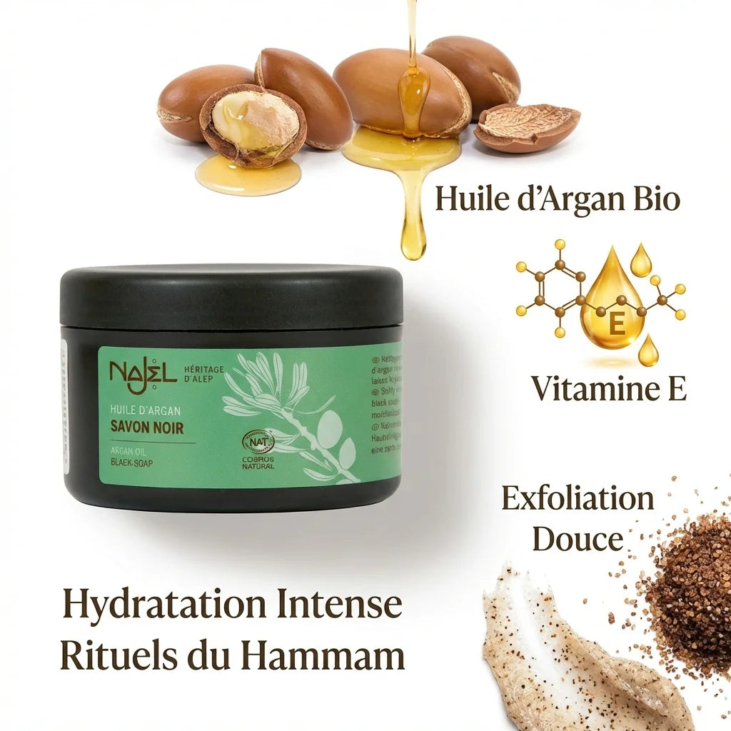 Savon Noir Najel à l'Huile d'Argan Bio 180g avec ingrédients naturels et bénéfices
