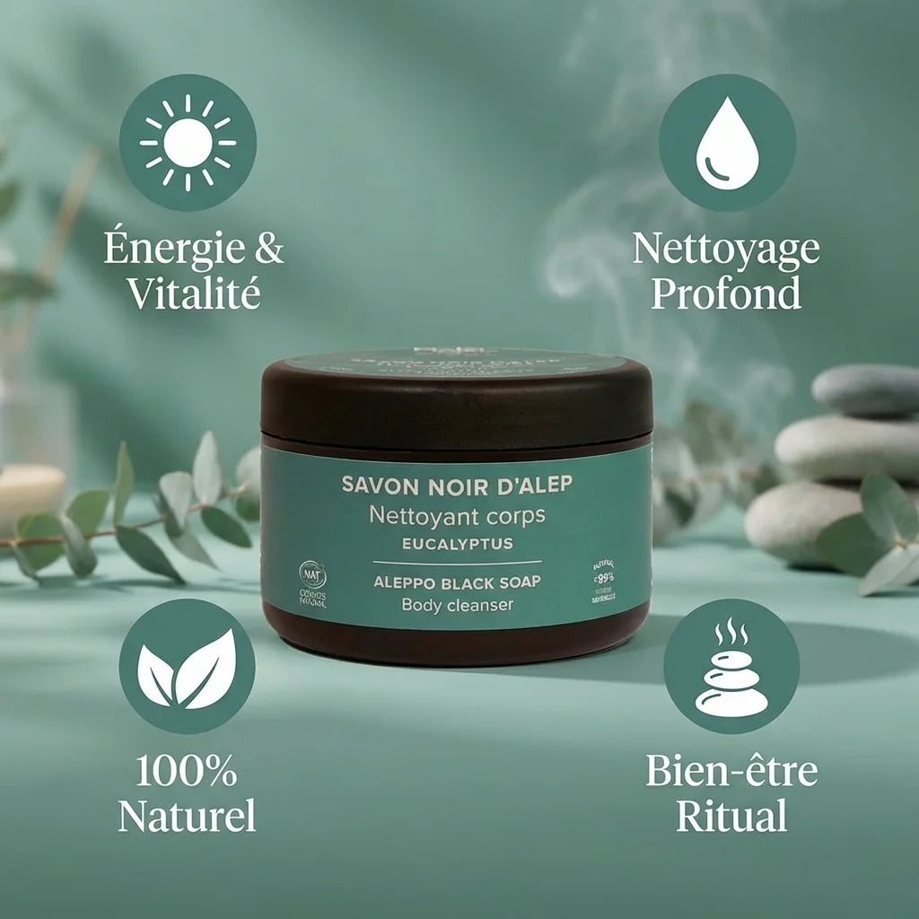 Savon noir d'Alep eucalyptus Najel 180g avec bénéfices naturels et rituels de bien-être