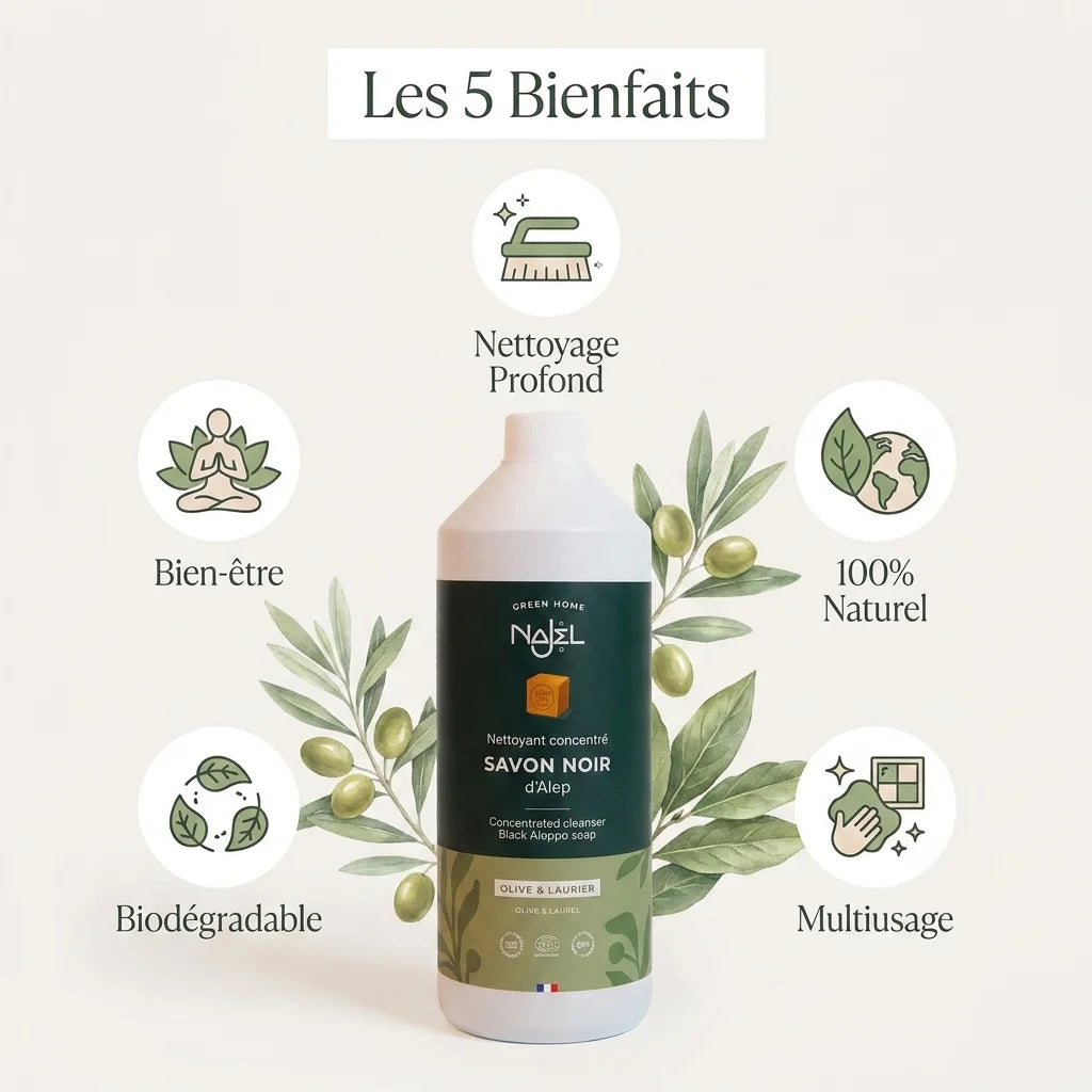 Savon Noir Najel 1L bio multiusage avec 5 bienfaits: nettoyage profond, naturel, biodégradable