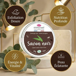 Savon noir gommage eucalyptus Emma Noël avec infographies bien-être et feuilles spa