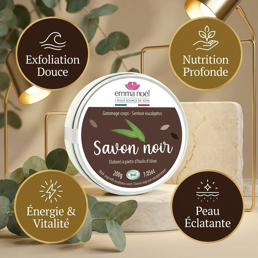 Savon noir gommage eucalyptus Emma Noël avec infographies bien-être et feuilles spa