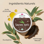 Savon noir gommage eucalyptus Emma Noël avec ingrédients naturels et huile d'olive bio