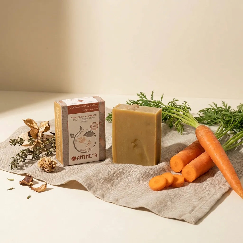 Savon Petit Grain Bigarade Carotte Antheya pour peaux sensibles avec ingrédients naturels