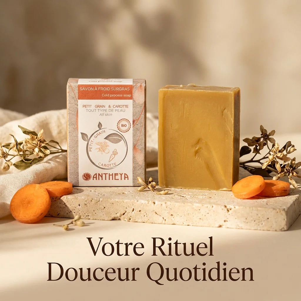 Savon Petit Grain Bigarade Carotte Antheya pour peaux sensibles avec carottes fraiches
