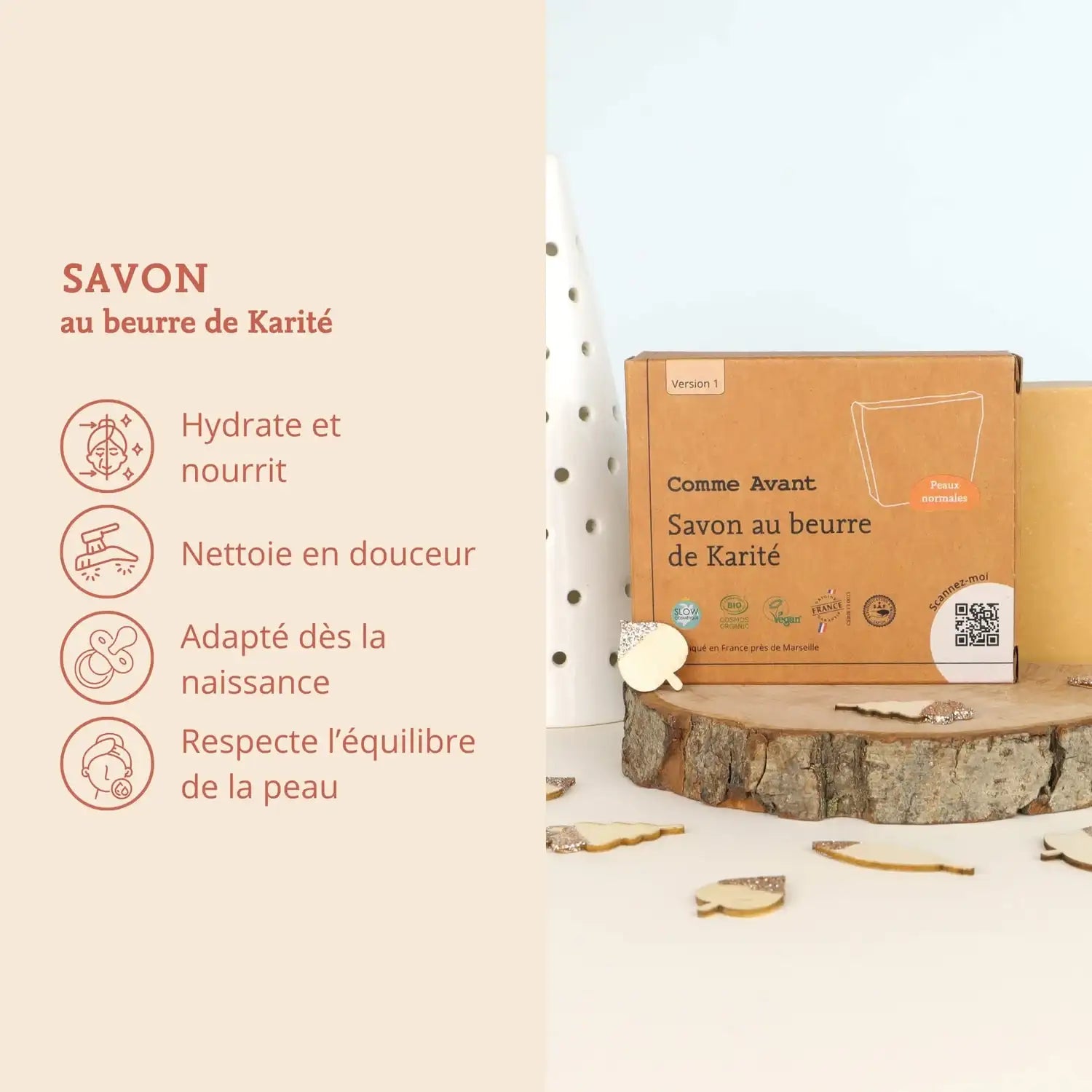 Les bienfaits du savon pour peaux normales au beurre de karité de 100 g de la marque Comme Avant