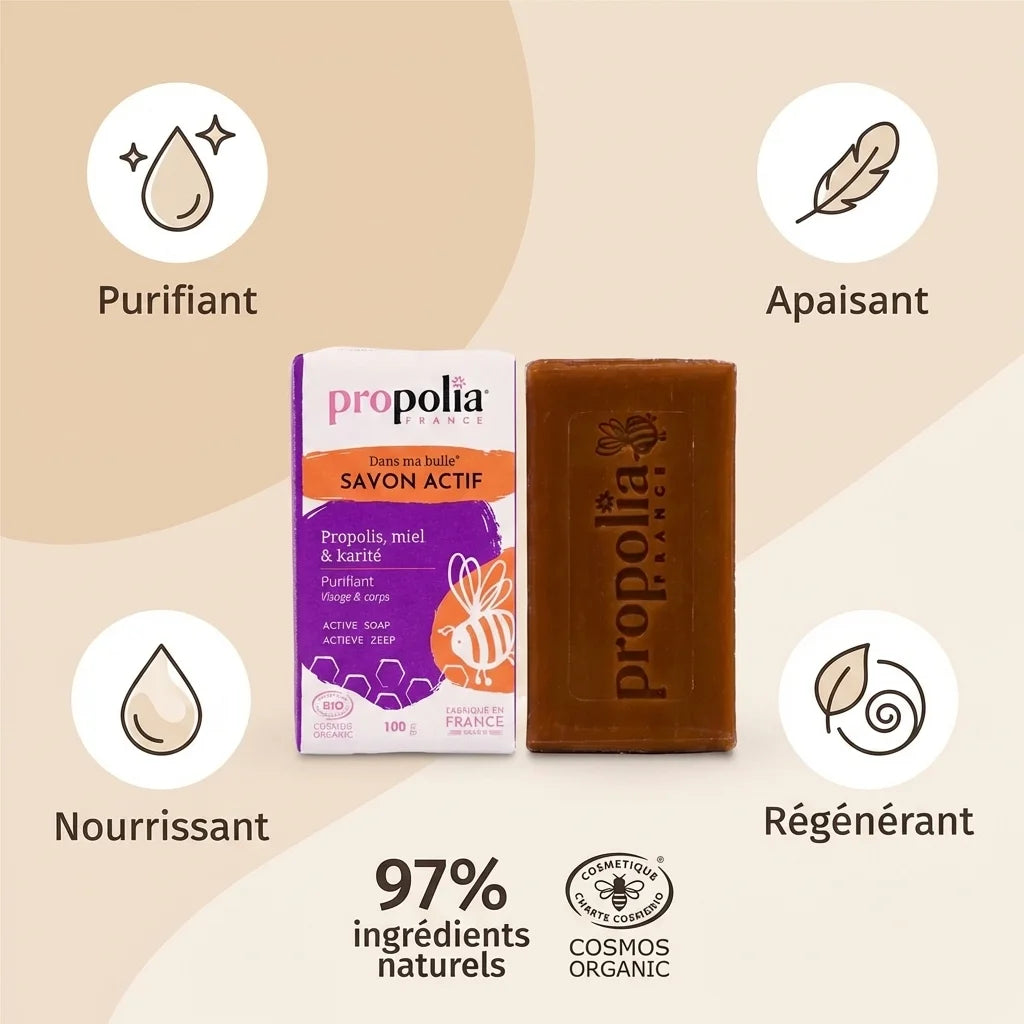 Savon Propolis Miel Karité Propolia 100g avec bénéfices purifiant apaisant nourrissant régénérant