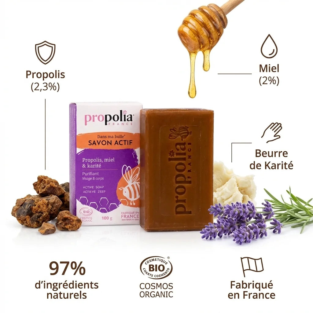 Savon Propolis Miel Karité 100g Propolia avec ingrédients naturels et certification COSMOS ORGANIC