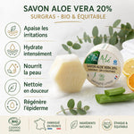 Savon bio Pur'Aloé 90g saponifié à froid avec aloe vera, bénéfices peau sur packaging hexagonal