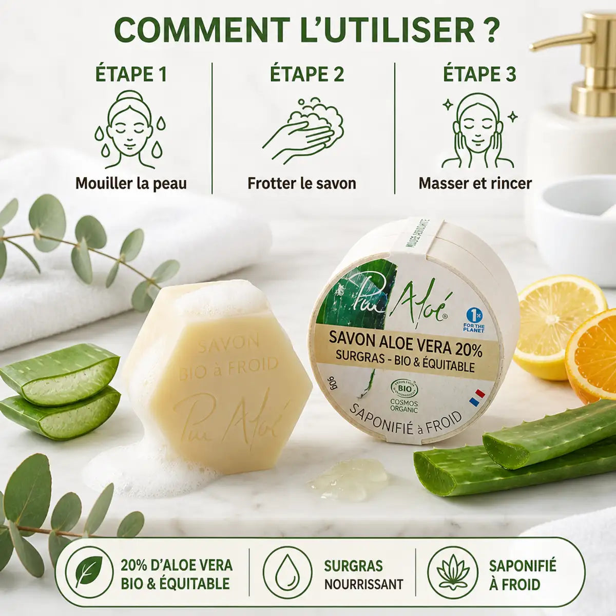 Savon Pur'Aloé bio saponifié à froid 90g avec emballage et mode d'emploi illustré