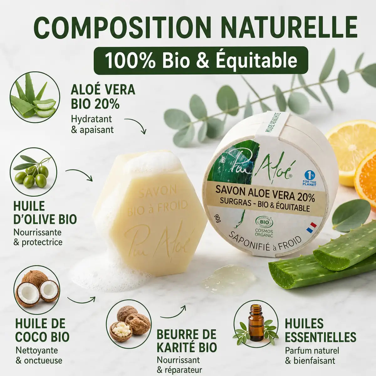 Savon Pur'Aloé saponifié à froid bio 90g avec ingrédients naturels et composition certifiée équitable