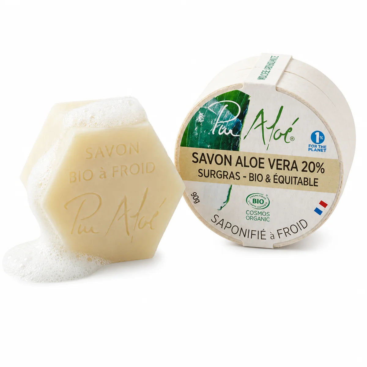 Savon saponifié froid Bio Pur'Aloé 90g certifié COSMOS sur fond blanc