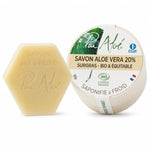 Savon bio Pur'Aloé hexagonal 90g avec étiquette certifiée Cosmos Organic sur fond blanc